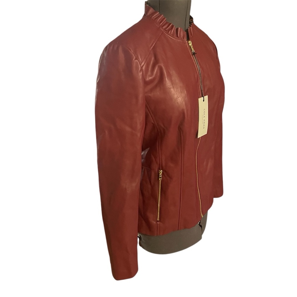 Cole Haan Red Vegan Leather Zip Jacket Ruffle Collar Sz L - Picture 4 of 9